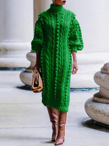 Stylish Green Crochet Jacquard High-Neck Sweater Maxi Dresses