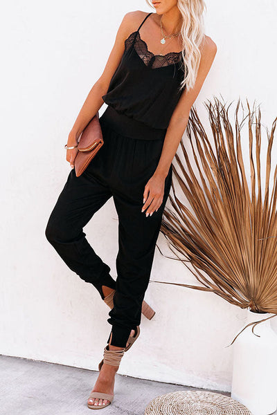 Lace V neck Pockets Jogger Jumpsuits