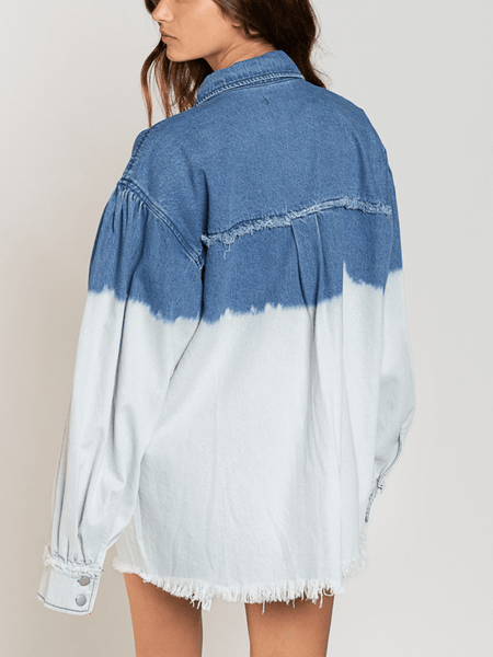 TIE-DYED COLOR BLOCK FRAYED DENIM SHACKET - BLUE