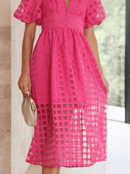 NOTEPAD SHORT SLEEVE MIDI DRESS - FUCHSIA