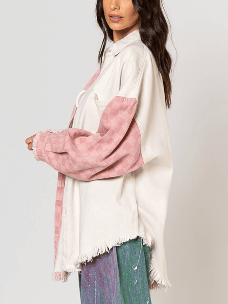 CHECK COTTON FRAYED DENIM SHACKET - PINK
