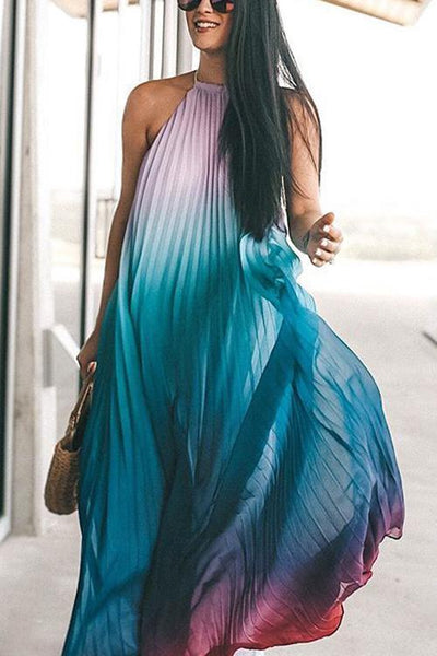 Gradient Color Halter Neck Backless Maxi Dress - girlyrose.com