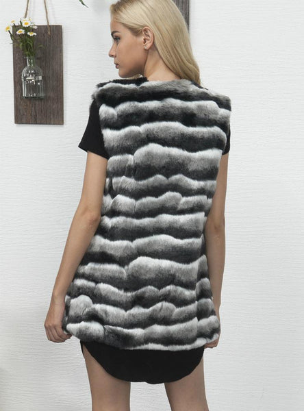Women Crewneck Waistcoat Stripes Faux Fur Waistcoat