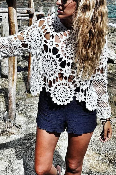 Corchet Lace Hollow Cover T Shirt - girlyrose.com