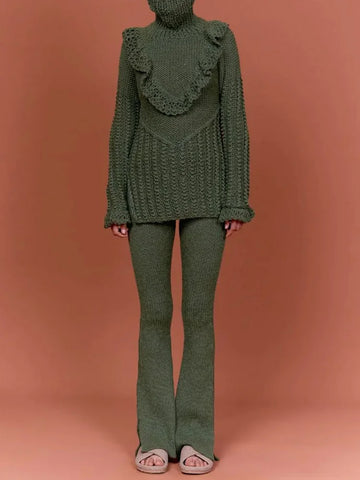 Crochet Long Sleeves Embroidered Falbala Flared Pants Two-Pieces Set