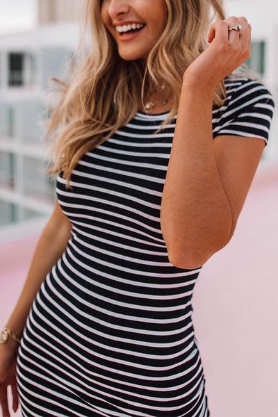 Stripe O Neck Short Sleeve Mini Dress - girlyrose.com
