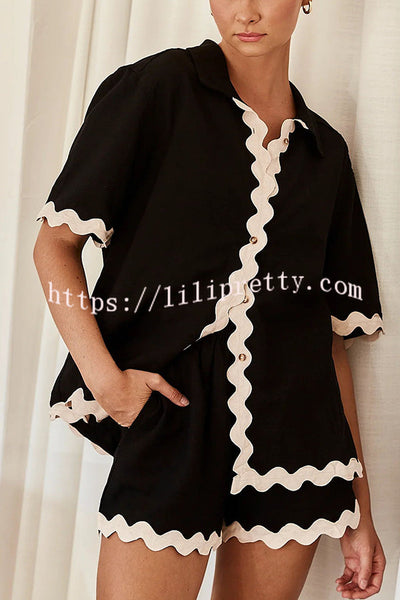 Harry Waved Trim Button Loose Shirt and Elastic Waist Pocketed Shorts Set