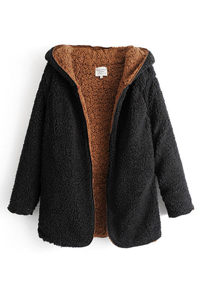 Hooded Open Front Lamb Wool Teddy Coat