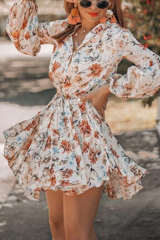 Floral Print Long Sleeve Mini Dress - girlyrose.com