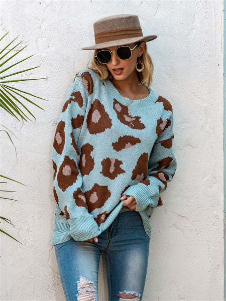 Leopard Round Neck Loose Knit Pullover Sweater-Corachic