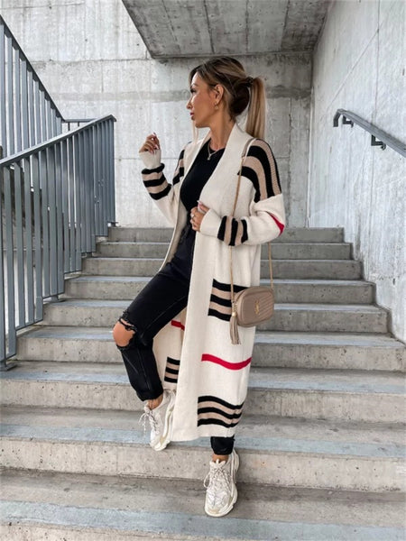 Ladies Long Cardigan Striped Knit Sweater-Corachic