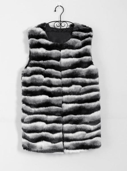 Women Crewneck Waistcoat Stripes Faux Fur Waistcoat