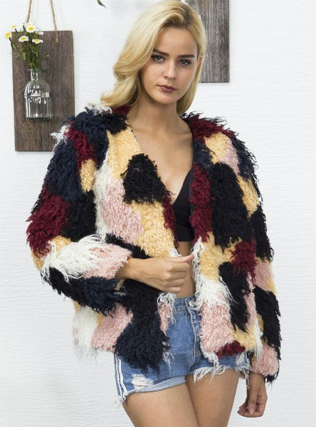 Women Personality Contrast Pattern Faux Fur Jacket