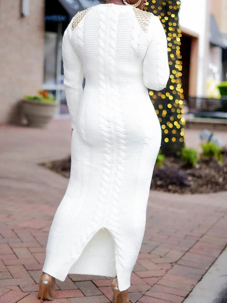 Fashion Wrap Color-Block Crochet V-Neck Sweater Maxi Dresses