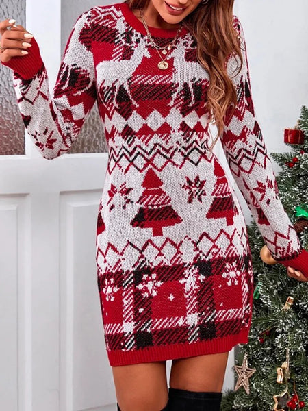 Christmas Long Sleeves Wrap Printed Crochet Sweater Mini Dresses