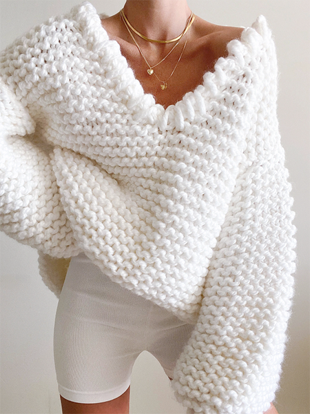 Casual Loose Long Sleeves Crochet Solid Color V-Neck Sweater Tops