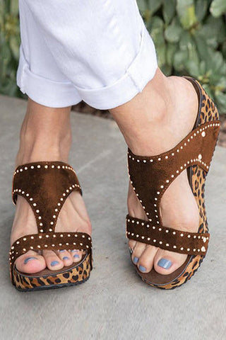 Leopard Peep Toe Studded Slide Wedge Sandals