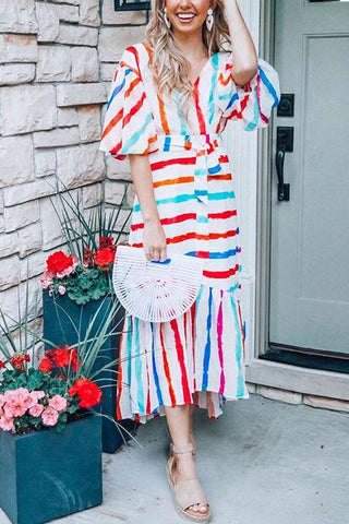 Colorful Stripe V Neck Ruffles Dress - girlyrose.com