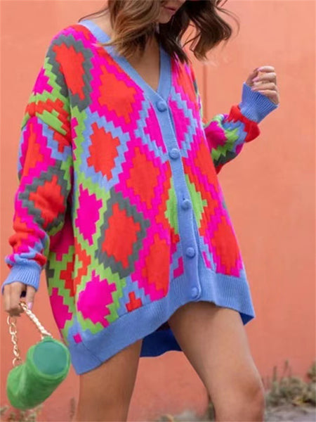 V-neck Casual Comfortable Medium Long Loose Sweater Cardigan-Corachic