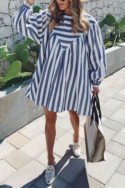 Red Stripe Long Sleeve Loose Mini Dress - girlyrose.com