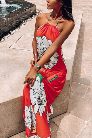 Floral Halter Neck Backless Maxi Dress - girlyrose.com