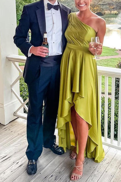 One Shoulder Satin High Low Maxi Dress