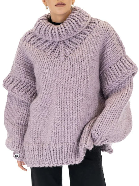 Simple Long Sleeves Loose Split-Joint Crochet High-Neck Sweater Tops