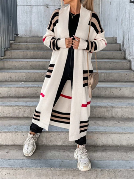 Ladies Long Cardigan Striped Knit Sweater-Corachic