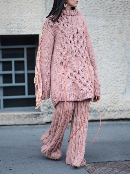 Stylish Crochet Jacquard Tasseled Top Straight Leg Pants Sweater Two-Pieces Set