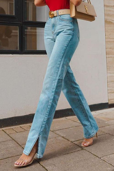High Waist Ripped Slit Jeans - girlyrose.com