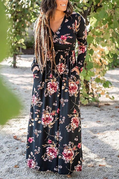 Floral Print V Neck Long Sleeve Maxi Dress - girlyrose.com
