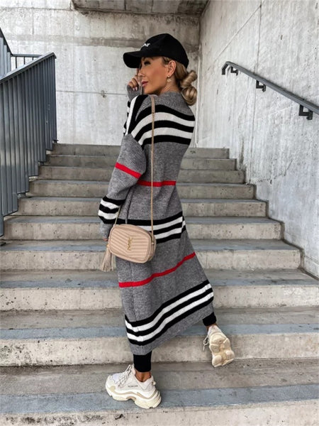 Ladies Long Cardigan Striped Knit Sweater-Corachic