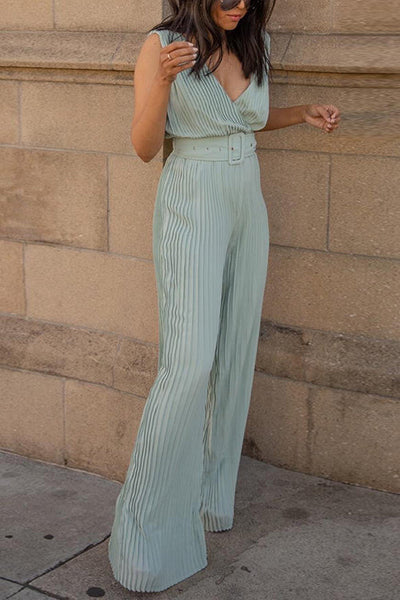 Pleated V Neck Wide Leg Jumpsuit