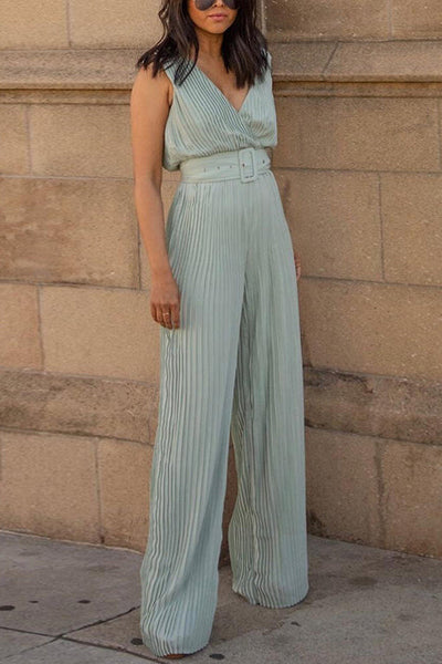 Pleated V Neck Wide Leg Jumpsuit