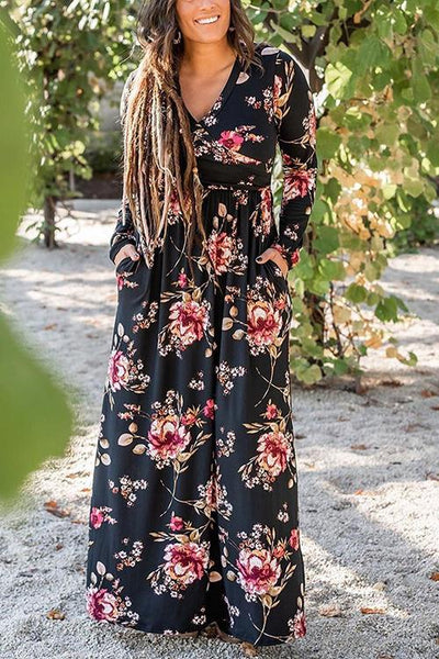 Floral Print V Neck Long Sleeve Maxi Dress - girlyrose.com