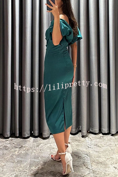 Talk Sweetly Satin Puff Sleeve Ruched Bust Formal Midi Dress