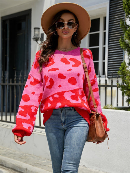 Round Neck Two-color Stitched Leopard Print Sweater Fashion Women's Pullover-Corachic