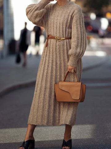 Simple Loose Long Sleeves Solid Color Round-Neck Sweater Maxi Dresses