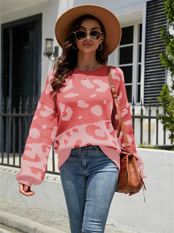 Round Neck Two-color Stitched Leopard Print Sweater Fashion Women's Pullover-Corachic