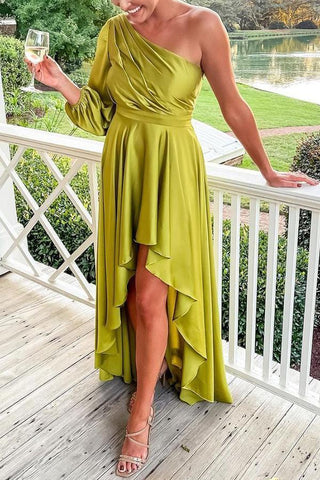 One Shoulder Satin High Low Maxi Dress