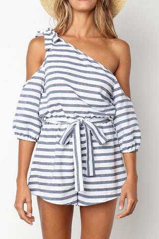 Stripe Knot One Shoulder Romper - girlyrose.com