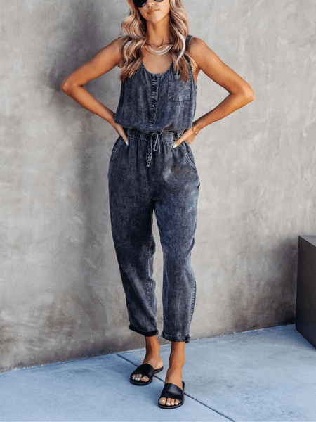 COURTNEY POCKETED SLEEVELESS DENIM JUMPSUIT - BLACK