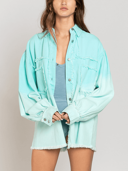 TIE-DYED COLOR BLOCK FRAYED DENIM SHACKET - TURQUOISE