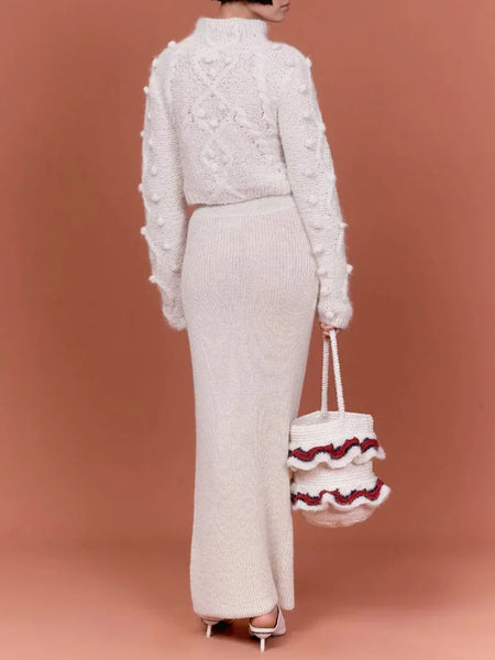 Stylish Crochet Long Sleeves Jacquard Empire Skirt Two-Pieces Set