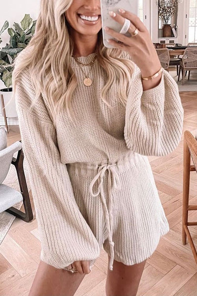 O Neck Puff Long Drawstring Sweater Romper