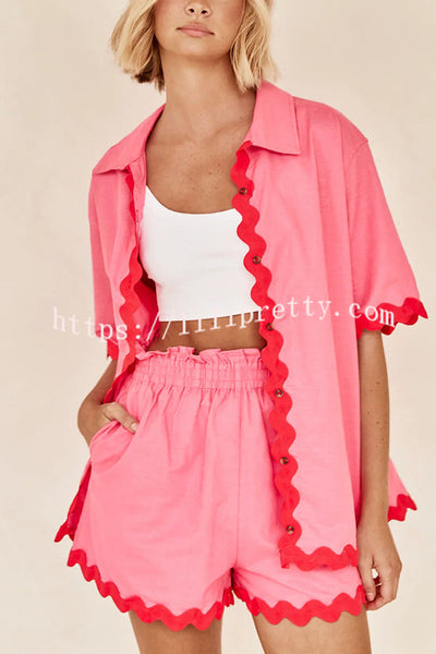 Harry Waved Trim Button Loose Shirt and Elastic Waist Pocketed Shorts Set