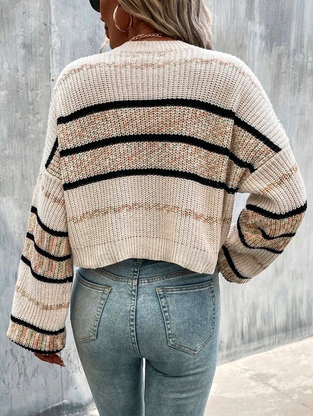Long Sleeves Printing Color-Block Round-Neck Sweater Tops