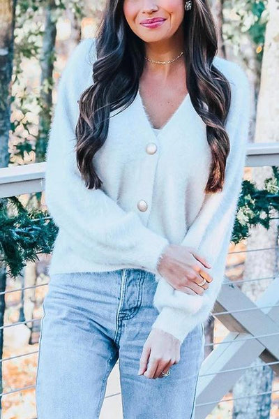 Fuzzy Button V Neck Cardigan