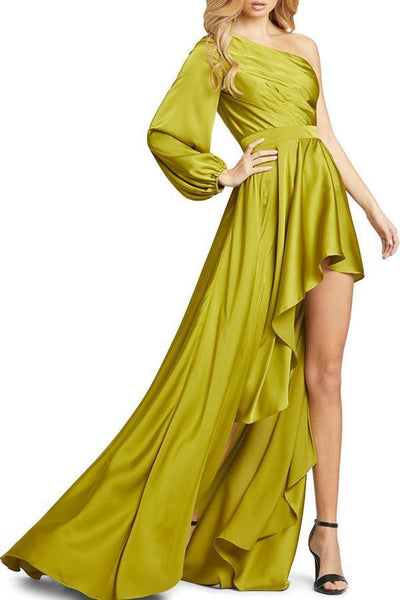 One Shoulder Satin High Low Maxi Dress