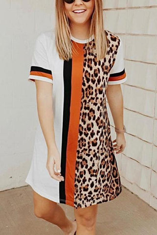 Leopard Patchwork Short Sleeve Mini Dress - girlyrose.com